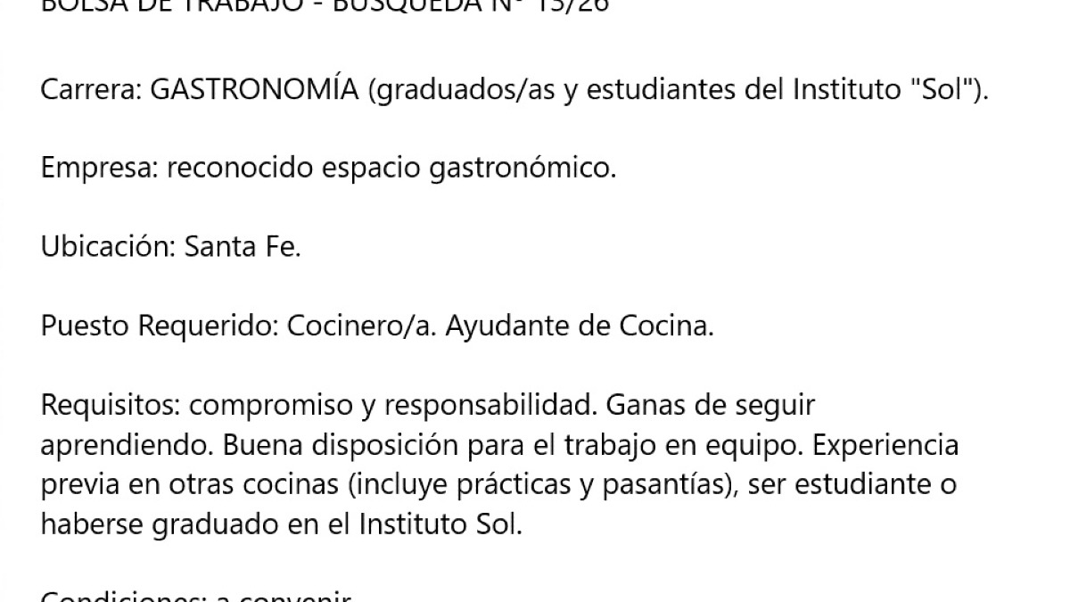 BOLSA DE TRABAJO - Búsqueda N°13/26